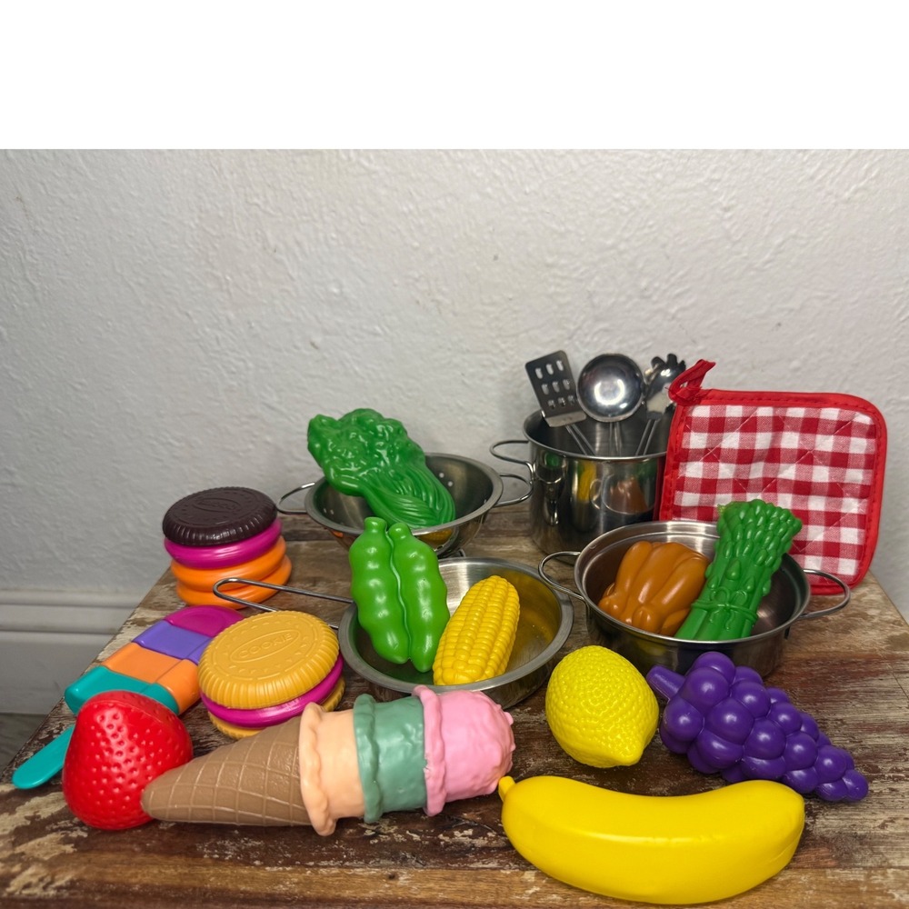Children's Pretend Play Food and Kitchen Toys Mini Metal Cookware Fruits Veggies